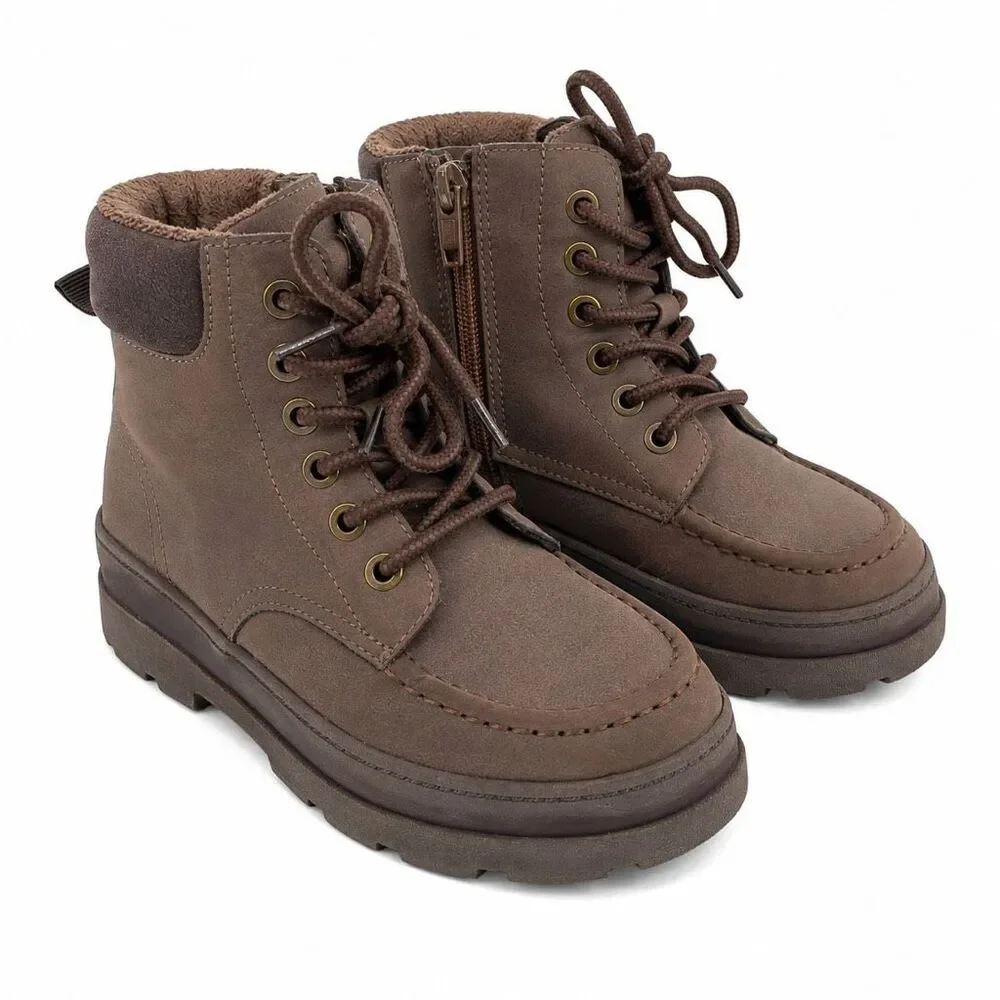 H&M Boys Size 1 Brown Faux Suede Moc Toe Lace Up Zip Chunky Sole Utility Boots